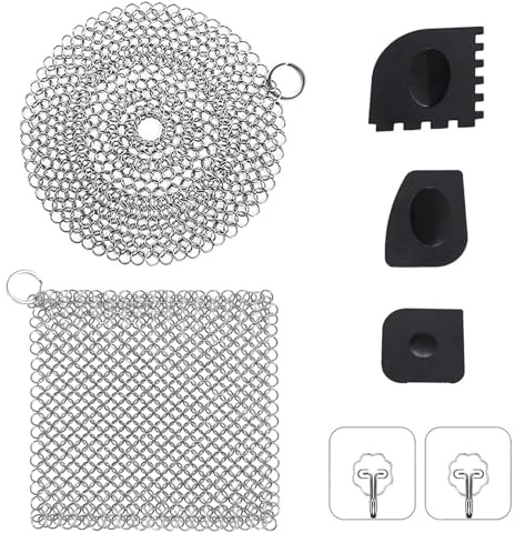 VZU Cast Iron Cleaner 316 Stainless Steel Ring Cleaner and Square Set with 3 Scrapers and 2 Sticky Hooks, Effective Cleaning for Dutch Oven Accessories and Food Leftovers
