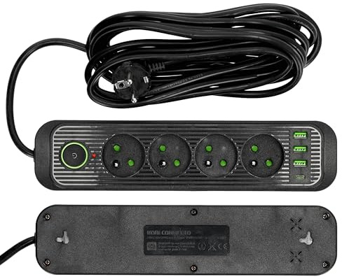 Steckdosenleiste Kobi CONNECTO SCHWARZ 4 Steckdosen 5 m VERLÄNGERUNGSKABEL mit 4X USB MIT EIN/AUS Schalter und Erdung (Schwarz, 5 m)