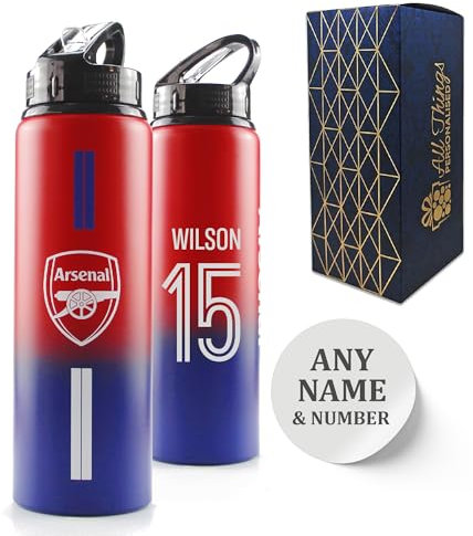 Official Arsenal Bottle, Personalised Metal Water Bottle, Gift Boxed, Gift for Him, Birthday Gift, Customise with Any Number and Name, 750ml/25oz Capacity, Aluminium Bottle