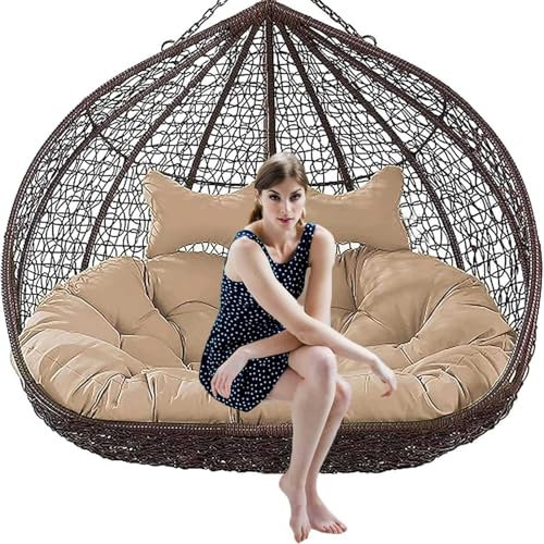 Khaki Outdoor Patio Waterproof Wicker Double Egg Chair Cushion - Hammock Swing Egg Chair with Stand Cushion and Headrest - 59in x 43in(No recliner included)