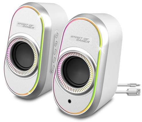 Spirit of Gamer - Fanatic 500, Enceinte PC Gaming, Connexion Bluetooth, Filaire (Prise Jack 3,5 mm, USB), Télécommande Intégrée, Rétroéclairage RGB, Format Compact, Haut Parleur Stereo Puissant, Blanc