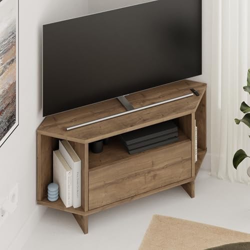 Hocuspicus HOCUS PICUS Modern Corner TV Unit up to 40 Inch TVs, Push to Open Door TV Storage Cabinet and 3 Open Shelves, 95.7(H) cm TV Table for Living Room, Bedroom (Dark Oak Effect)