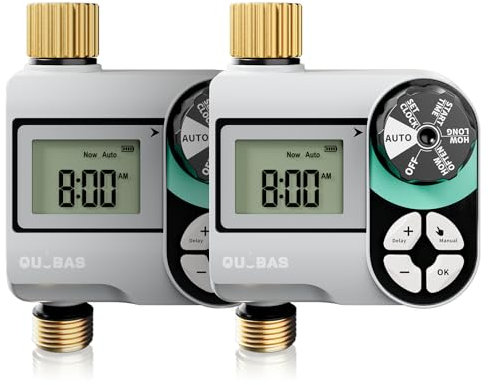 QUOBAS Lot de 2 minuteurs d'eau numériques, contrôleur d'arrosage programmable, grand écran LCD, modes automatique/manuel/retard, pour tuyau d'arrosage et système d'irrigation goutte à goutte