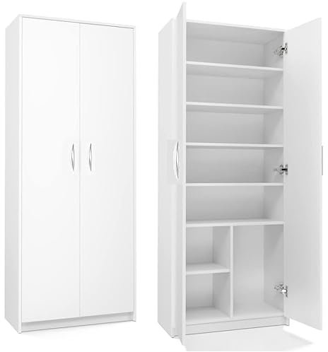 Armario Multiusos con 2 Puertas y 8 Compartimentos, 180 x 74 x 35 cm, Blanco
