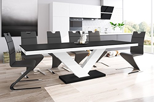 Design Esstisch HE-999 Schwarz matt/Weiß Hochglanz ausziehbar 160 cm bis 256 cm Esszimmertisch für bis zu 10 Personen Hochglanz Funktionstisch modern vielseitig Esszimmer erweiterbar zeitlos