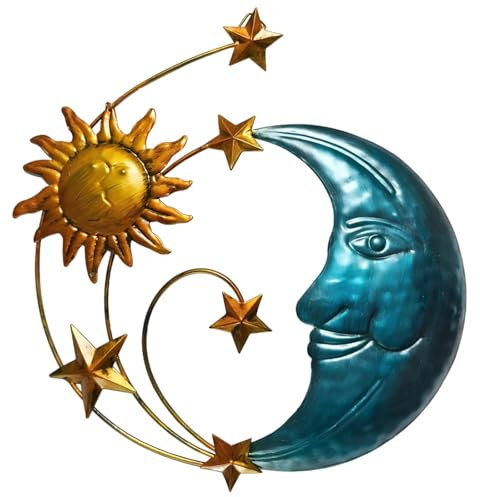 Einzigartige Metall-Wanddekoration mit Sonnen- und Mond-Gesichtern, goldfarbene und blaue Terrassenakzente mit Sternen
