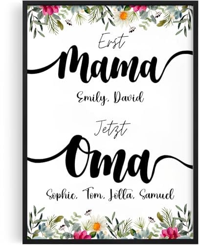 Tassenliebling® - Oma Poster personalisiert - Erst Mama, dann Oma – Muttertagsgeschenk mit Spruch - Wanddeko (A4, A3) mit oder ohne Rahmen