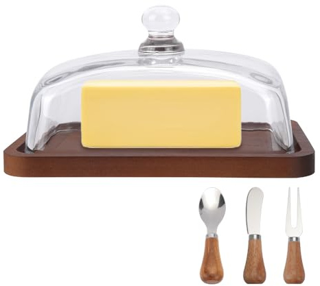 Mulaibdin Glass Butter Dish with Wooden Lid, Airtight Butter Keeper with Butter Knife Spoon Fork, Butter Container for Fridge and Table, Cream Cheese Holder Dishes for Kitchen,Gifts (Walnut)