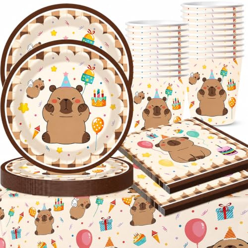 Danbghyuo 61 Pcs Juego de Vajilla para Fiesta Capybara, Dibujos Animados Vajilla Fiesta, Con Juego de Papel Platos, Manteles Accesorios de Vajilla para Fiestas Infantiles para 20 personas (A)