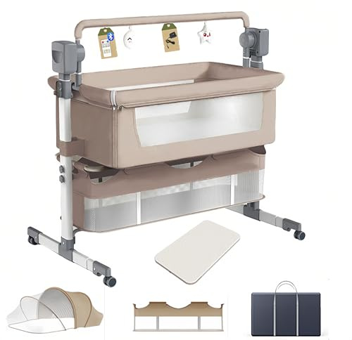 Aveainelle Babybett und Multifunktionales Kinderbett, Faltbare und Umwandelbare Babywiege, Verstellbare Beistellbett, Co-Sleeping Babybett und Rollen (Beige)