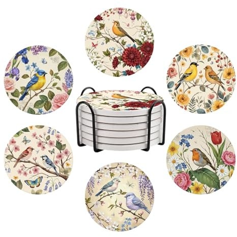 Bird-themed Ceramic Coasters, Set of 6 Drink Coasters, with Metal Holder, Absorbent Round Non-Slip Drink Mug Cup Coaster Housewarming Room Bar Fashion Decoration Gift