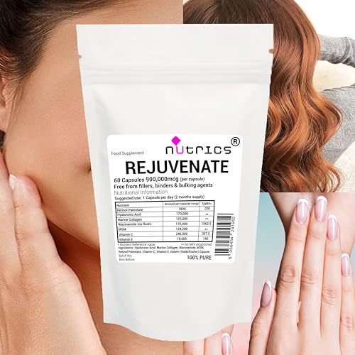 Nutrics® REJUVENATE 900 Retinol A Hyaluronic Acid Marine Collagen Niacinamide MSM Vitamin C & E 60 Capsules (2 Months Supply) - 100% Pure No fillers (60)