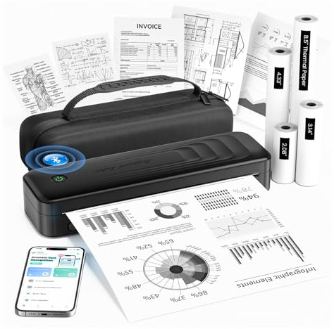 TATTMUSE Portable Printers Wireless for Travel, Bluetooth Inkless Thermal Printer Support 8.5 X 11 US Letter, Small Mobile Printer for Phone Laptop, with Carry Case & 4 Rolls Thermal Paper