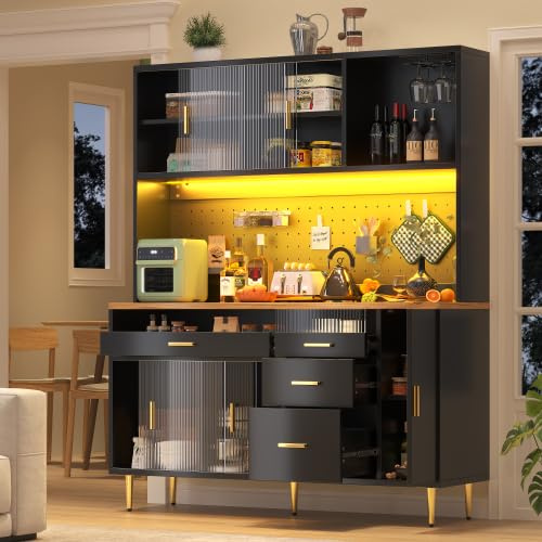 vutizal Hochschrank fürs Wohnzimmer mit LED-Beleuchtung, Höhenverstellbares Regalsystem, Glasschiebetüren, Modulare Aufbewahrungslösung, Schrank mit Weinregal, Schwarz, 145×39×171cm