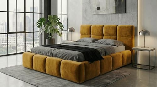 A&J MöbelLand Polsterbett VELUNO ohne Matratze 160x200 mit Bettkasten und Lattenrost – Gelb