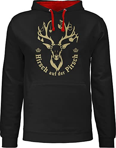 Pullover Herren Frauen Hoodie Kontrast zweifarbig - Skiurlaub Apres Ski - Hirsch auf der Pirsch - M - Schwarz/Rot - Damen Kapuzenpullover Pulli Hoody Hoodies Pullover. Langarm Bester Kumpel Geschenk