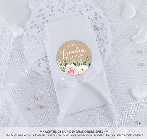 Freuden Tränen Taschentücher Set zur Hochzeit Klein 24 Sticker + 24 weiße Flachbeutel 63 x 93 mm Freudentränen Taschentuch Verpackung BOHO HIPPIE ROSEN EUKALYPTUS KRAFTPAPIER ZWEIGE ROSA BLAU GRÜN