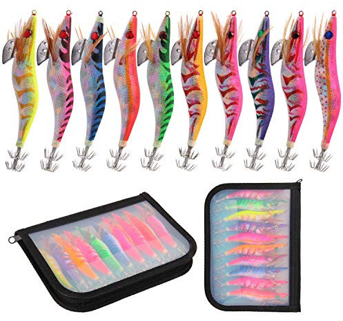 Esche da Totanare Fluorescenti Artificiali per Sppie 10 Pezzi Luminose Esche da Pesca Kit Calamar Squid Jig per La Pesca di Polipo, Seppia