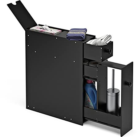 RELAX4LIFE Badschrank aus Massivholz, Mehrzweckschrank mit Schubladen, Seitenschrank für Küche & Bad & Wohnzimmer, Organizer für Bad-Zubehör | Zeitschrift | Dekos, 48,5 x 16 x 58 cm (Schwarz)
