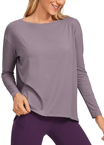 CRZ YOGA Women's Pima Cotton Casual Long Sleeves Yoga Workout Shirt Boat Neck Sports Long Sleeve Top Purple Gray 16