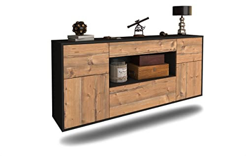 Kommode Sideboard hängend - Oldenburg - Korpus anthrazit matt - Front Holz Design Pinie- (180x77x35cm) - Push to Open Technik & hochwertigen Leichtlaufschienen - Made in Germany