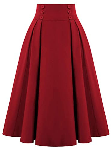 Minetom Jupe Plaid Longue Plissée Femme Vintage A-Ligne Taille Haute Midi Jupes Swing Jupe Évasée Printemps Automne B2 Rouge L