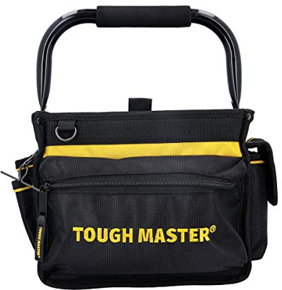 Open Tote Tool Bag 10” With 33 Multi Pocket Organiser with Drill Holder Pocket, Measure Tape Holder in Black & Yellow for Electricians, Carpenters, Black and Yellow Small Tool Bag TOUGH MASTER