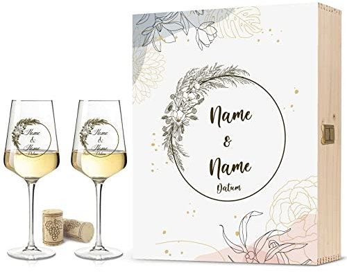 GRAVURZEILE Leonardo Weingläser UV-Druck - Pampasgras Design - Personalisiert mit Namen & Datum - Geschenk zur Hochzeit, Verlobung & Jahrestag - Hochzeitsgeschenk - Farbe: Große Kiste UV