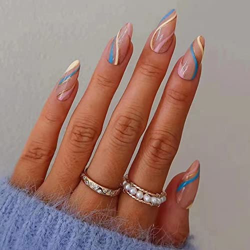 24PCS Short False Nails with Glue Stickers, Almond Full Cover Acrylic Press on Nails no Glue,Golden Ribbon Ripple French Tip Fake Nails for Women and Girls Nail Art.