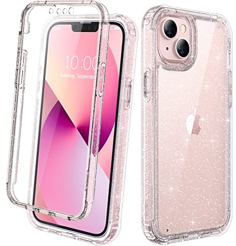 Diaclara Compatible with iPhone 13 Case, 360° Full Body with Built-in Screen Protector Shockproof Bumper Case Cover Clear-Back Designed Compatible for iPhone 13 6.1 - Clear Glitter