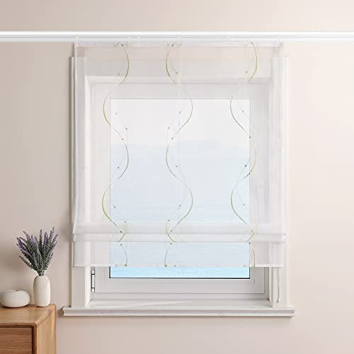 ESLIR Raffrollo Weiß Raffgardine mit Klettband Gardinen Küche Transparent Bändchenrollo Voile Bestickt mit Wellen Muster Grün BxH 140x140cm 1 Stück