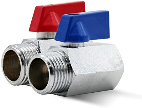 DOJA Barcelona | Valvula de Esfera Mini | 2 Piezas | Azul y Rojo | 3/8 | M - H | Valvula de Esfera Mini de Laton Cromado | Mini Valvula Bola para Bombas de Agua, Grifo Exterior, Conexiones de Agua..