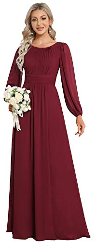 Ever-Pretty Damen Long Festliches Kleider Lange Ärmel Chiffon Rundkragen Ärmellos Elegant Burgund 46EU