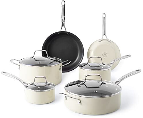 Martha Stewart Lockton Premium Antihaft-Kochgeschirr-Set, emailliert, schweres Aluminium, Töpfe und Pfannen, 10-teilig, Leinenweiß