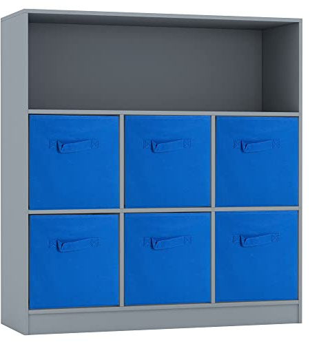 URBNLIVING Wooden Wide 7 Cubed Cupboard Bookcase Storage Units Shelves 6 Drawers Baskets (Dark Blue Drawer, Grey Bookcase)