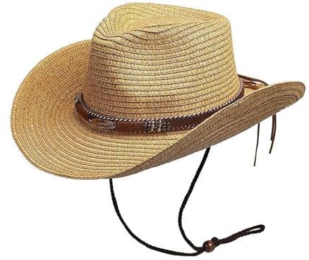 GEMVIE Men and Women Summer Cowboy Hat Crushable Western Straw Cowgirl Hat with Windproof Rope Straw Sun Hats