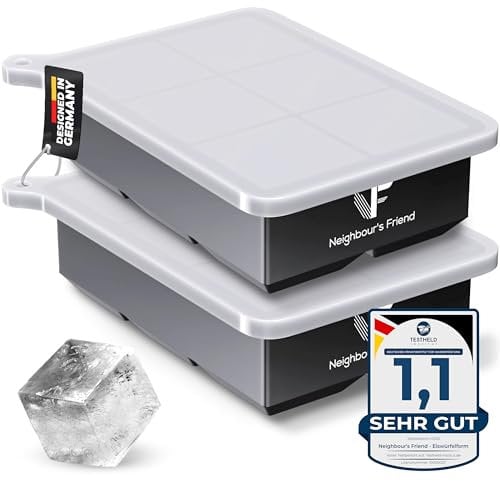 Neighbour's Friend Cubitera grande de 2 unidades – 12 cubitos de hielo XXL para cócteles, whisky y bebidas largas, molde de silicona platino con tapa, apto para lavavajillas, molde gigante XL