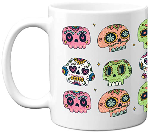Day of The Dead Sugar Skulls - Dishwasher Safe Coffee Mugs Cup, Gifts for Women & Men, Auntie Uncle Brother Sister Best Friend or Work Colleague, Dia de Los Muertos Skulls.