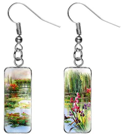Retro Monet Wasserlilie Ölgemälde baumeln Ohrringe handgefertigt Kunst Bild Glas Cabochon Rechteck Fischhaken Ohrringe, Glas