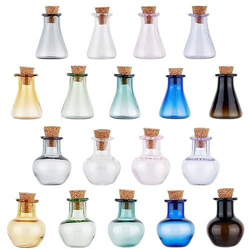 PH PandaHall 18pcs Pots de Sorts Minuscules Colorés, 2 Ensembles de Mini Bouteilles en Verre Mini Bouteilles de Potion Souhaitant des Flacons de Bouteille avec Bouchon en Liège
