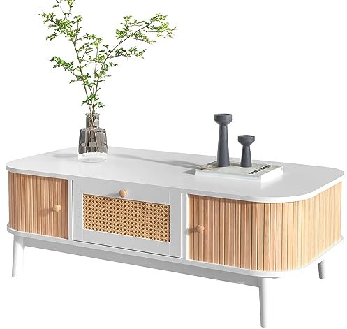 HAINEW Table basse style maison de campagne avec tiroirs en rotin et portes coulissantes, table basse en rotin avec lattes en bois massif pour salon, bureau (blanc et couleur bois)