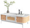 HAINEW Table basse style maison de campagne avec tiroirs en rotin et portes coulissantes, table basse en rotin avec lattes en bois massif pour salon, bureau (blanc et couleur bois)