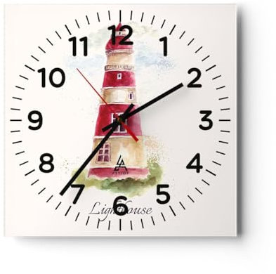 Modern Wanduhr Leuchtturm Strand Meer 40x40cm Quadrat Groß Wand Uhr Glas Analog Zimmeruhren Küche Büro Wohnzimmer Glasuhr Wall Clock Dekoration Design Wanddekoration Küchenuhr C4AC40x40-5221