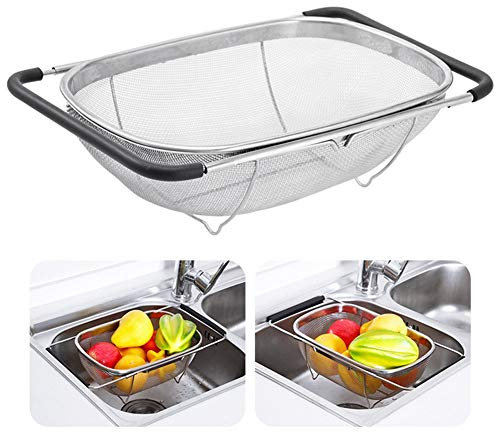 Colador Retráctil de Malla de Acero Inoxidable para Frutas y Verduras, Duradero y Estable, con Silicona, Adecuado para Diferentes Tamaños de Fregadero (Como se muestra)