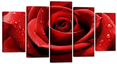 ZXHYWYM Elegante Rote Rose Leinwandbilder 5 teilig blühende Blumen Wassertropfen Gemälde Drucke moderne Kunstwerke für Mädchen Schlafzimmerdekoration(Bild-4, (100.00 x 55.00 cms))