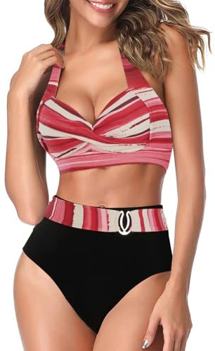 AOQUSSQOA Femmes Deux pièces Tankini Maillots de Bain Taille Haute Licou Vintage Bikini Ensemble Dames Maillots de Bain (34 Rose, M)