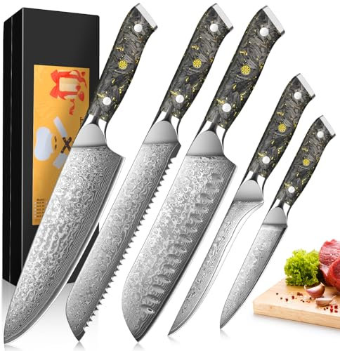 Set di Coltelli da Cucina, 5 Pezzi, 67 Strati Acciaio Damasco Set di Coltello Chef, 12,4-20 cm Lunghezza Lama, Professionale Coltello per Pane Chef Santoku Filetto Universale, Manico in Resina