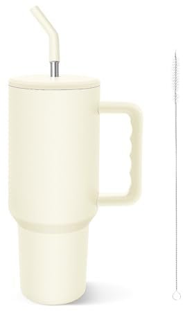 COZOME 40oz Tumbler mit Griff, Stroh, Deckel, Isolierte doppelwandige Edelstahl Tumbler, wiederverwendbare Reise Kaffee Tasse für Frauen Männer, Wasser Tumbler mit Silikon Boot(Beige)