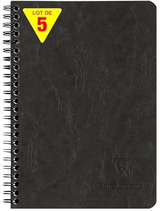 Clairefontaine 785661Cpack - Packung 5 Spiralbuch - Notizheft Age Bag mit Innentaschen DIN A5 14,8x21 cm, liniert, 60 Blatt, Schwarz, 5 Stück