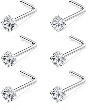 Chriscoco 6stk Nasenpiercing G23 Titan Nasenpiercing Stecker L Form Nasenstecker Nostril Piercing Nasenpiercing Set Damen Herren Nase Piercing Schmuck 3mm CZ Nasenpiercing Silber 20G